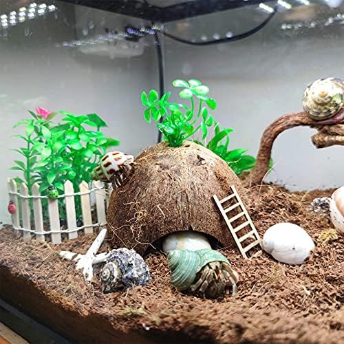 SINKOO 19PCS Hermit Crab Habitat Kit | Natural Coconut Shell Hut & Assorted Seashells with Plants | Climbing Hideout & Decor for Hermit Crabs | Home Aquarium Tank Accessories