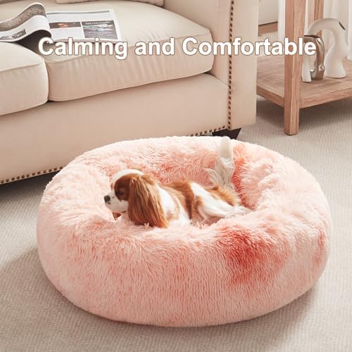 30 in Faux Fur Fluffy Donut Dog Bed for Medium Dogs,Tie-dye Pink
