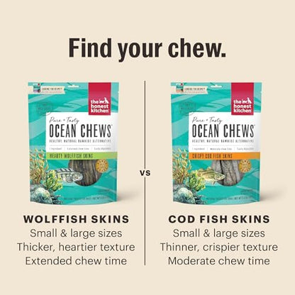 The Honest Kitchen Ocean Chews Crispy Cod Fish Skins Dog Treats, Human Grade Single Ingredient Dehydrated Fish Dog Chews for Large Dogs, High Protein Rawhide Alternative for Skin Coat, 5.5 oz