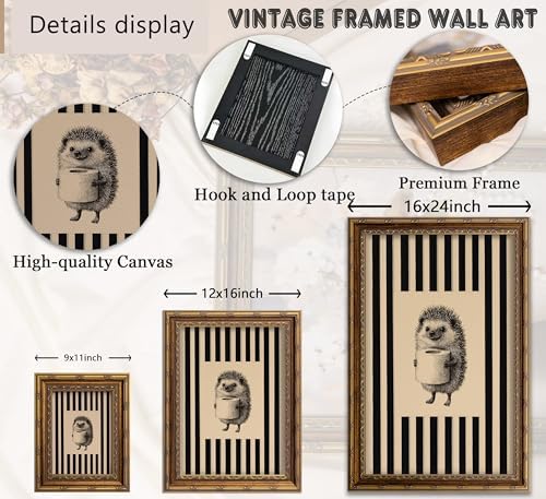 Vintage Gold Framed Funny Bathroom Wall Art, Hedgehog Holding Toilet Paper Canvas Print, Black and White Striped Funny Animal Sketch Wall Decor, Antique Rustic Farmhouse Poster Artwork for Restroom