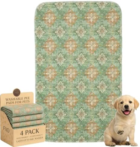 4PACK Washable Pee Pads for Dogs,Great Urine Absorbent Reusable Puppy Training Pads,Waterproof,Leak-Proof & Non-Slip Potty Pads for Whelping,Crate,Playpen,Bed.(Green Floral Flat,24"x36")