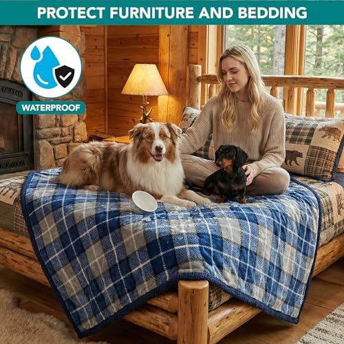 PetAmi Waterproof Dog Blanket for Large Dog Cat Pet, 60x80, Plaid Navy