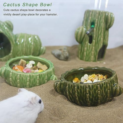 2 Pack Green Cactus Ceramic Hamster Food Bowl Anti-Tip Water Dish