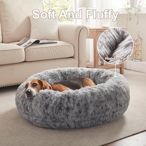 33 in Faux Fur Fluffy Donut Dog Bed for Medium Plus Dogs,Dark Grey
