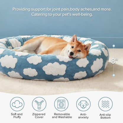 JOEJOY Jacquard Donut Round Dog Beds Medium Sized Dog,Blue 30x30x8in, Removable Washable Cover, Cute Pattern, Ultra Soft Fluffy Calming Pet Bed with Thick Supportive Bolster