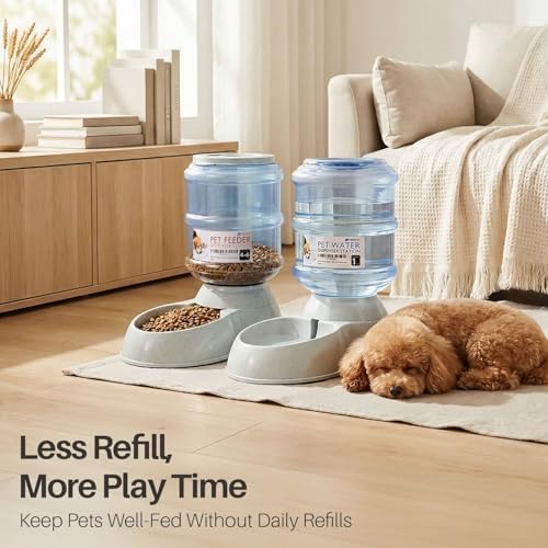 Flexzion Automatic Pet Feeder & Waterer Set of 2 Pack, Self Feeding Replenish Dog Cat Bowls, Gravity Food & Water Storage Container Fountain Jug Pet Supplies Plastic Skid Proof Rubber Feet (1 Gallon)