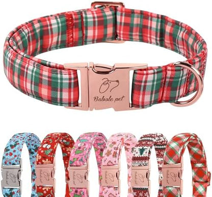 Christmas Plaid Dog Collar for Small Dogs - Green & Rose Tartan Christmas Collars for Dogs, Sweet Festive Winter Heavy-Duty Adjustable Dog Collars with Metal Buckle S