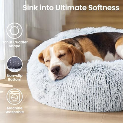 JOLLYVOGUE Calming Dog Beds Extra Large Sized Dog, 45in Donut Washable Large Pet Bed, Anti-Slip & Anti-Anxiety Fluffy Faux Fur Round Dogs Bed, Fits up to 125 lbs Pets (Smoke Grey)