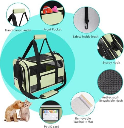 Soft Side Cat Carrier Airline Approved for Puppy Kitten Dog Carriers for Small Medium Cats Under 15lb, Collapsible TSA Approved Travel Pet Carrier, Green
