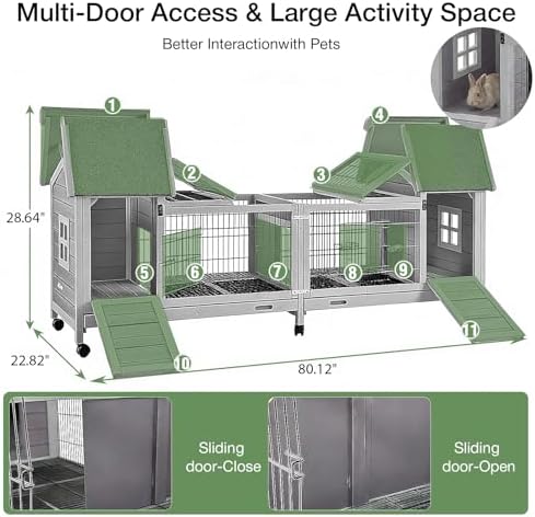 Rabbit Hutch Indoor Outdoor, Large Bunny Cage with Double House and Run, 10.4 ft² Guinea Pig House, Upgrade Deeper No-Leak Trays, On Wheels for Easy Moving