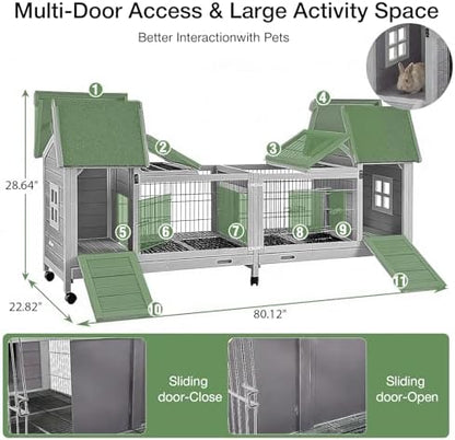 Rabbit Hutch Indoor Outdoor, Large Bunny Cage with Double House and Run, 10.4 ft² Guinea Pig House, Upgrade Deeper No-Leak Trays, On Wheels for Easy Moving