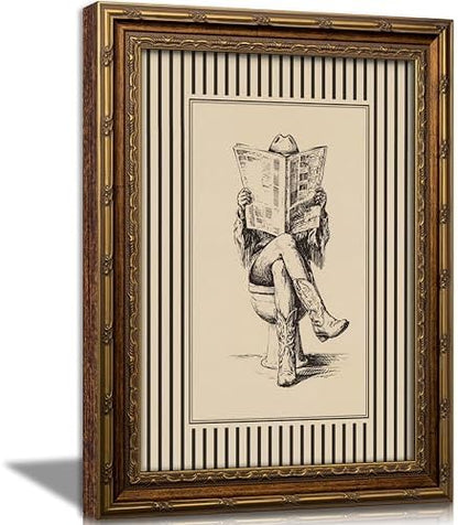 Vintage Gold Framed Cowgirl Bathroom Wall Art, Western Cowgirl Reading Newspaper on The Toilet Canvas Print, Cowboy Boots Stripe Picture Wall Decor, Rustic Farmhouse Poster Artwork for Restroom