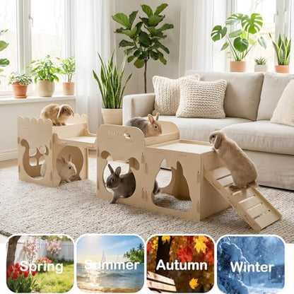 Extra Large Rabbit Castle, Wooden Bunny House & Training Bridge, Detachable Rabbit Hideaway, Indoor Hamster Castle with Ramp, Small Animal Houses & Habitats for Guinea Pig Chinchilla Ferret(2+1 House)