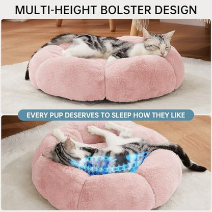 OhGeni 20 inches Calming Donut Dog & Cat Bed for Small Pets, Warming Comfort Fluffy Short Pile Fur, Durable Machine Washable Round Bed, Cute Round Bed for Puppy and Kitten, Pink
