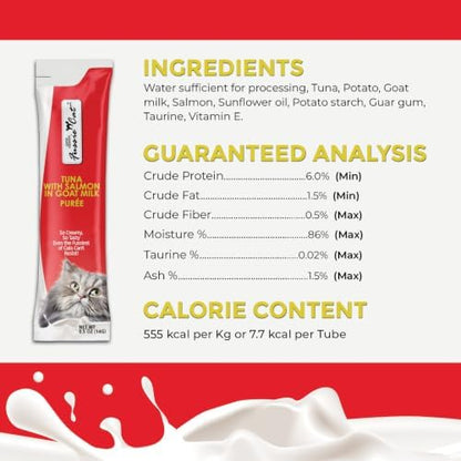 Fussie Cat Premium Tuna with Salmon in Goat Milk Puree, lickable cat Treats, 0.5oz Pouch Pack of 4