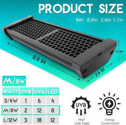 Dimmable LED Reptile UVB Lamp, 8000 Hours UVB Duration for Much Longer Lifespan, Adjustable 4/8/12-Hour Cycles, Suitable for Gecko, Chameleon, and Bearded Dragon, 8W, M Size