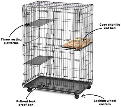 MidWest Homes for Pets Folding Metal Indoor Cat Playpen, Cage Includes Locking Wheels, 3 Platforms, Removable Tray, Plush Bed, Suited for 1-3 Cats
