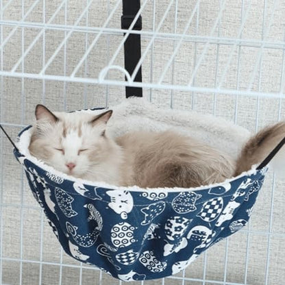 Warm Cat Hammock Lounge Hanging Bed for Cage Kennel Chair with Metal Frame, Adjustable Straps, Reversible Cat Bed, Machine Washable, Suitable for All Seasons (Blue,Large)