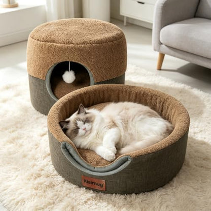 2-in-1 Cat Bed Cave, Cozy Covered Cat Beds for Indoor Cats,Pet Bed