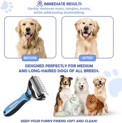 Undercoat Rake for Dogs & Cats, Dematting Comb with Extra Wide Double-Sided Stainless Steel Teeth for Detangling, Deshedding, Brushing, Thinning & Removing Shed Fur, Knots, Mats, and Tangles in Pets
