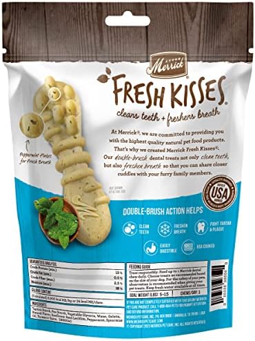 Merrick Fresh Kisses Natural Dental Chews Toothbrush Treat Shape Infused With Real Mint For Tiny Dogs 5-15 Lbs - 33 ct. Bag
