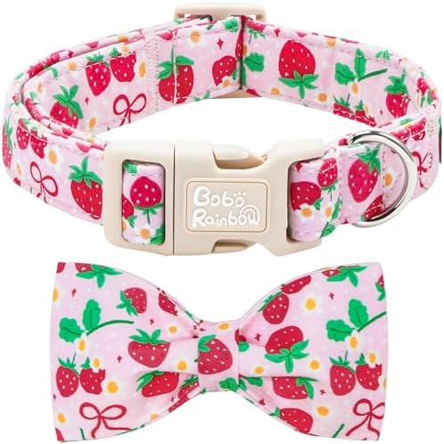 Dog Collars, Spring Red Strawberry Print Cotton Collar Pink Adjustable Light Plastic Buckle Collar with Bow Pet Collar Gift for Medium Dogs