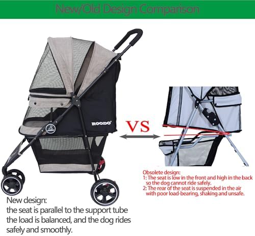ROODO 3 Wheel Dog Pet Cat Stroller Best Lightweight Foldable Compact Portable Jogger All Terrain Travel Pet Gear Puppy Kitty Stroller for up to 30lbs Medium Small Dogs and Cats(Light Khaki)