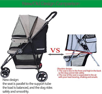 ROODO 3 Wheel Dog Pet Cat Stroller Best Lightweight Foldable Compact Portable Jogger All Terrain Travel Pet Gear Puppy Kitty Stroller for up to 30lbs Medium Small Dogs and Cats(Light Khaki)