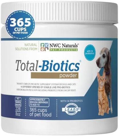 NWC Naturals Total-Biotics, Cat & Dog Probiotics for Digestive Health with Prebiotic, Unflavored Probiotic for Dogs & Cats, Supplement for Gut, Skin, Coat, Upset Stomach Relief, 365 Servings, 8 Ounces