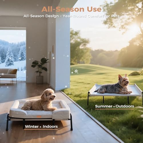 Lekereise Raised Dog Bed for Small Dog 32x25 Inch, Orthopedic Pet Beds with Waterproof Egg Crate Foam, Removable Dogs Couch Bed for Indoor Outdoor, 2-in-1 Design, Load 40lb, Beige