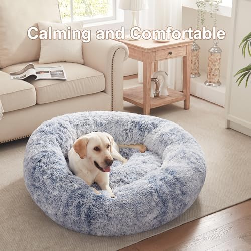 45 in Faux Fur Fluffy Donut Dog Bed for Extra Large Dogs,Dark Blue