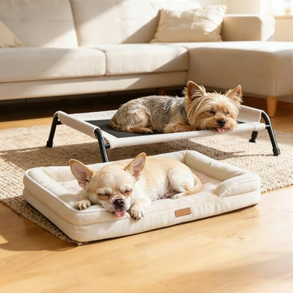 Lekereise Raised Dog Bed for Small Dog 32x25 Inch, Orthopedic Pet Beds with Waterproof Egg Crate Foam, Removable Dogs Couch Bed for Indoor Outdoor, 2-in-1 Design, Load 40lb, Beige