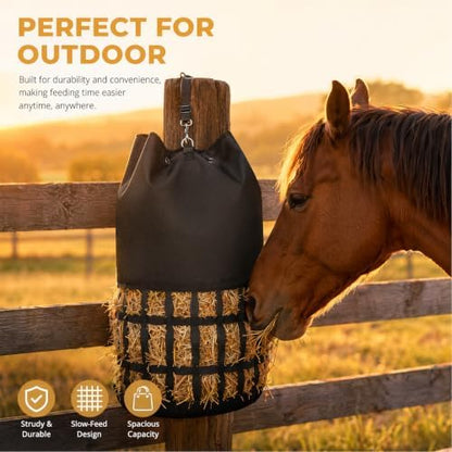 Hay Bags for Horses Slow Feed, Cylindrical Hay Net with Rounded Diamond Mesh, Durable Oxford Horse Hay Feeder Bag with Drawstring Top & Adjustable Strap for Goats Donkeys Livestock