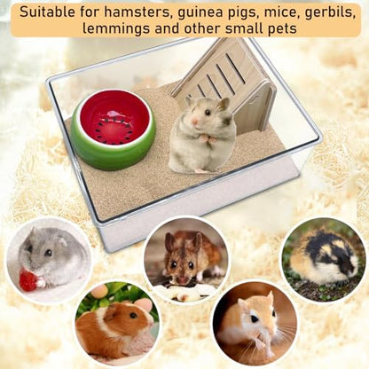 PINVNBY Hamster Sand Bath Box, Transparent Acrylic Shower, Gerbils Digging Room Container with Climbing Ladder and Ceramic Bowl, Litter Box for Hamsters Guinea Pigs Mice (Two Hole)