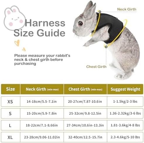 PETTOM Bunny Rabbit Harness with Stretchy Leash Cute Adjustable Buckle Breathable Mesh Vest for Kitten Small Pets Walking (Black,L)