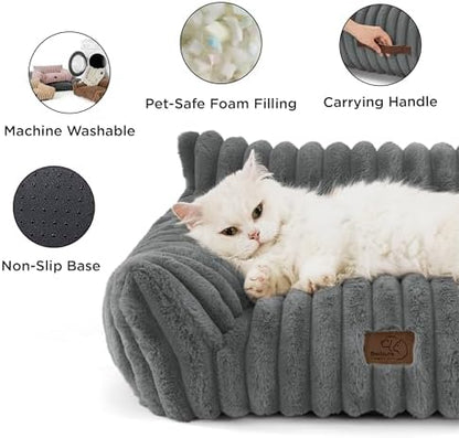 Bedsure ComfyFleece Cat Couch for Pets - Fluffy Cat Sofa with Premium Soft Corduroy Fleece, Fluffy Pet Couch Bed with Removable Washable Cover, Supportive Pet Chair for Indoor Cats, 24inch, Warm Grey