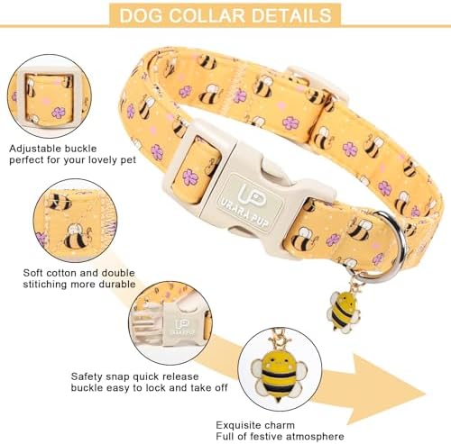 Bee Cotton Dog Collar, Summer Spring Bee Floral Pattern,Adjustable Soft Pet Collar with Cute Charm/Durable Buckle, Lightweight Comfortable for Small Medium Large Dogs