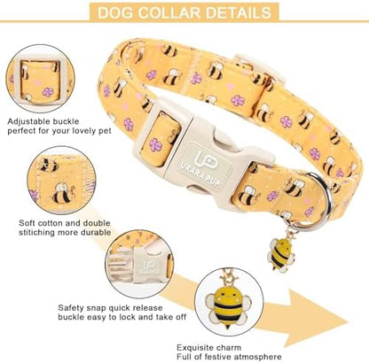 Bee Cotton Dog Collar, Summer Spring Bee Floral Pattern,Adjustable Soft Pet Collar with Cute Charm/Durable Buckle, Lightweight Comfortable for Small Medium Large Dogs