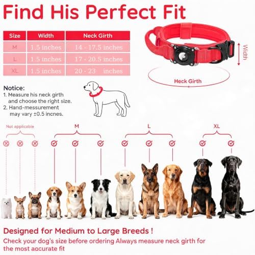 Waterproof AirTag Dog Collar with QR Code ID Tag, Tactical Military Dog Collar with Built-in AirTag Holder, Heavy Duty Metal Buckle & Control Handle, GPS Tracker Collar for Large Dogs (Red, XL)