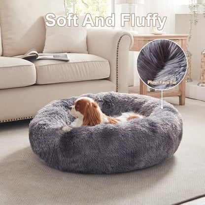 30 in Faux Fur Fluffy Donut Dog Bed for Medium Dogs,Tie-dye Grey