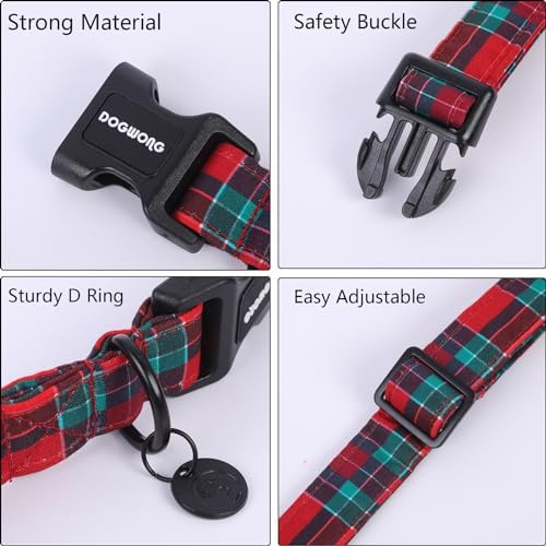 DOGWONG Christmas Cotton Dog Collar, Red Green Tartan Christmas Dog Collar Durable Soft Fabric Pet Dog Collars Cute Red Green Plaid Necklace for Small Mediu Dogs