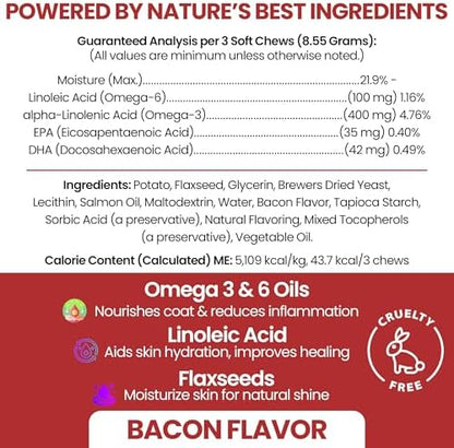 Omega 3 Fish Oil for Dogs, Bacon Flavor - 180 Soft Chews for Skin and Coat