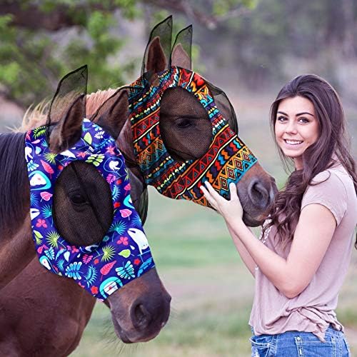 Weewooday 2 Pieces Horse Fly Masks for Horses Soft Fly Masks for Ears Smooth and Elasticity Mask with UV Protection(Tribal Grid Patterns,M)