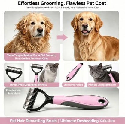 Pet Grooming Brush - Double-Sided Dematting Comb & Deshedding Tool for Dogs and Cats, Effortless Hair Removal, Ideal for Long-Haired Breeds, Reduce Shedding (1, Pink, Large)