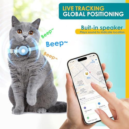 Cat Tracker, GPS Tracker Compatible with Apple Find My App(Only iOS), Waterproof Cat Tracker Collar with Bell and Safety Elastic Buckle, No Monthly Fee, Real-Time Location (Blue)