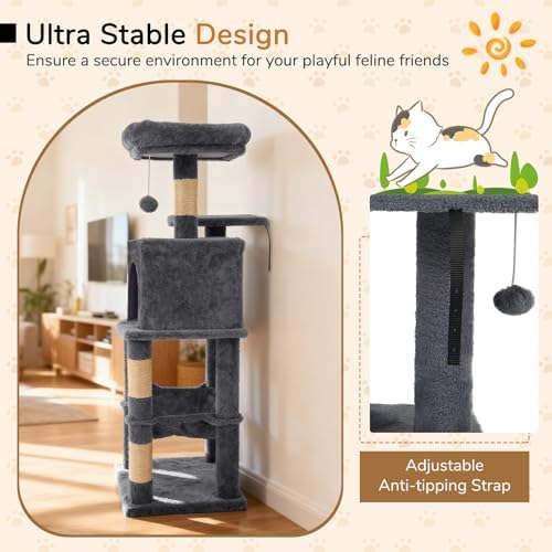 DORTALA Cat Tree for Indoor Cats, 44" Modern Cat Tower with Top Perch, Condo, Hammock, Sisal Scratching Posts, Dangling Balls, Platforms, Multi-Level Pet Climbing Furniture Playground (Grey)