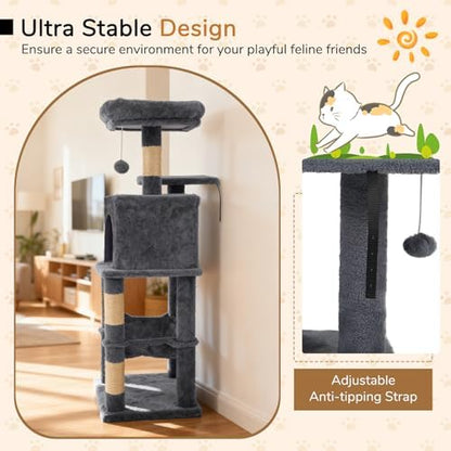 DORTALA Cat Tree for Indoor Cats, 44" Modern Cat Tower with Top Perch, Condo, Hammock, Sisal Scratching Posts, Dangling Balls, Platforms, Multi-Level Pet Climbing Furniture Playground (Grey)
