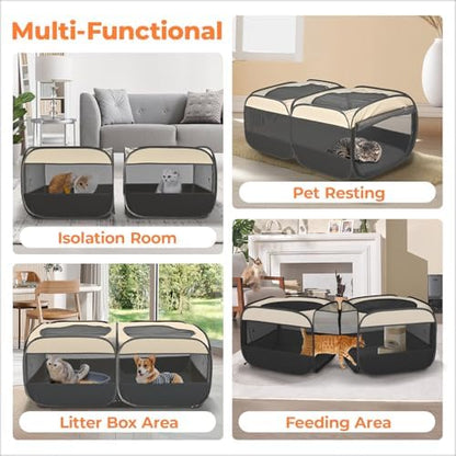 2-in-1 Pop Up Cat Playpen, Detachable into 2 Separate Pens with Additional Doors, Assembly-Free Portable Dog Crates Pet Pen Tent Kennel Kitten Puppy Enclosure Cage Indoor Outdoor Foldable Condo(S)