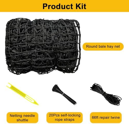 5x5ft Round Bale Hay Net for Horses, Heavy Duty Slow Feed Hay Net with 1.6" Mesh, Black Nylon Hay Feeder for Horses, Cattle, Goats, Includes Free Repair Kit, Reduce Waste