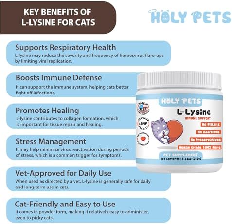 100% Pure L-Lysine Powder for Cats–No Flavors, No Fillers or Preservatives–1,000mg per Scoop–Immune, Respiratory & Eye Support–Sneezing, Runny Nose & Cold Symptoms (500g)